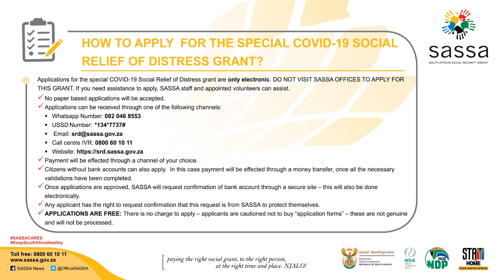 How do I apply for the Social Relief of Distress (SRD) grant?