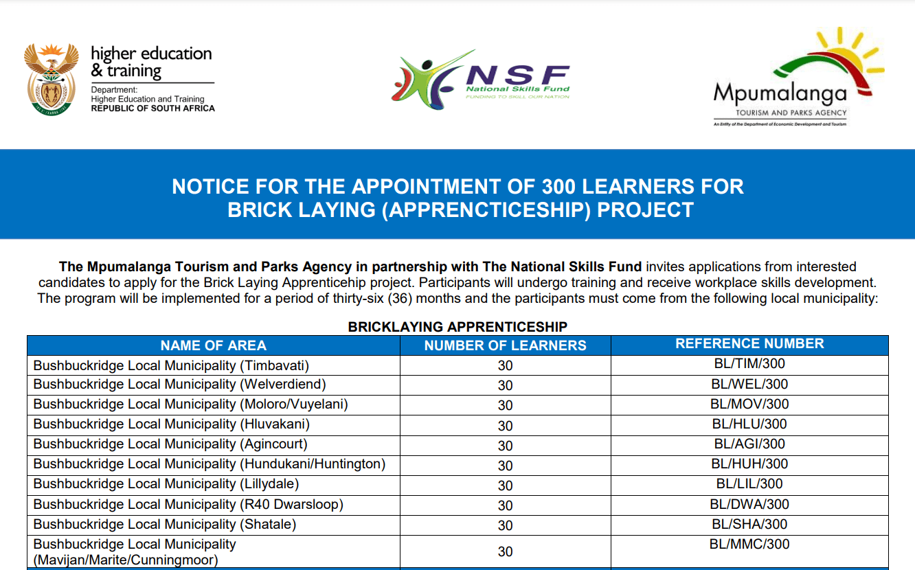 NOTICE FOR THE APPOINTMENT OF 300 LEARNERS FOR BRICK LAYING (APPRENTICESHIP) PROJECT