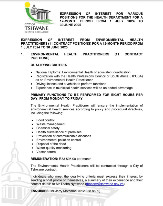 The City of Tshwane is recruiting for Environmental Health Practitioner x11 posts