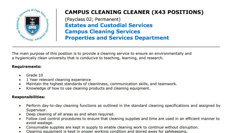 University of Cape Town(UCT) is Looking For Forty Three(43) Campus Cleaners: R156 300 to R183 882 Per Annum