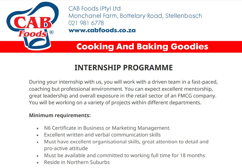 Exciting Opportunities: CAB Foods Internship Programme 2024